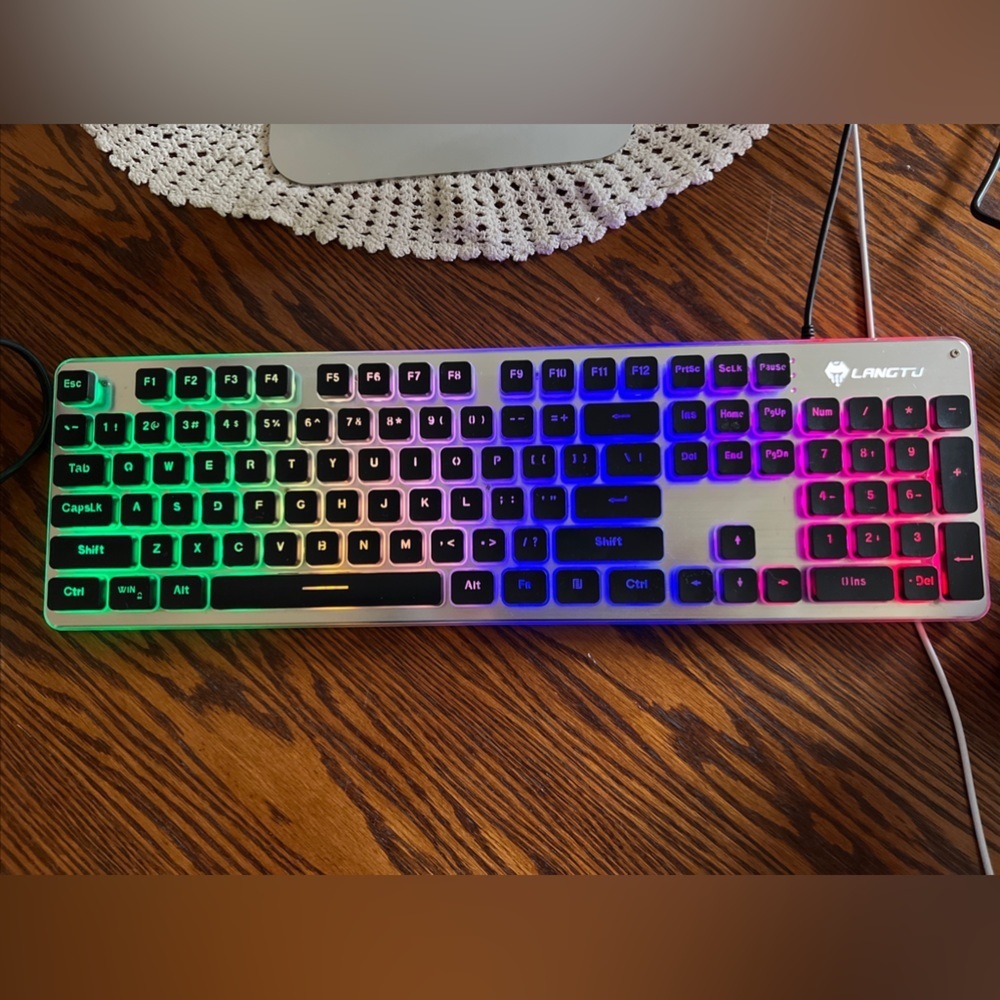 LANGTU Keyboard Gaming Office Rainbow Backlit USB Wired Black Keys Silver Frame